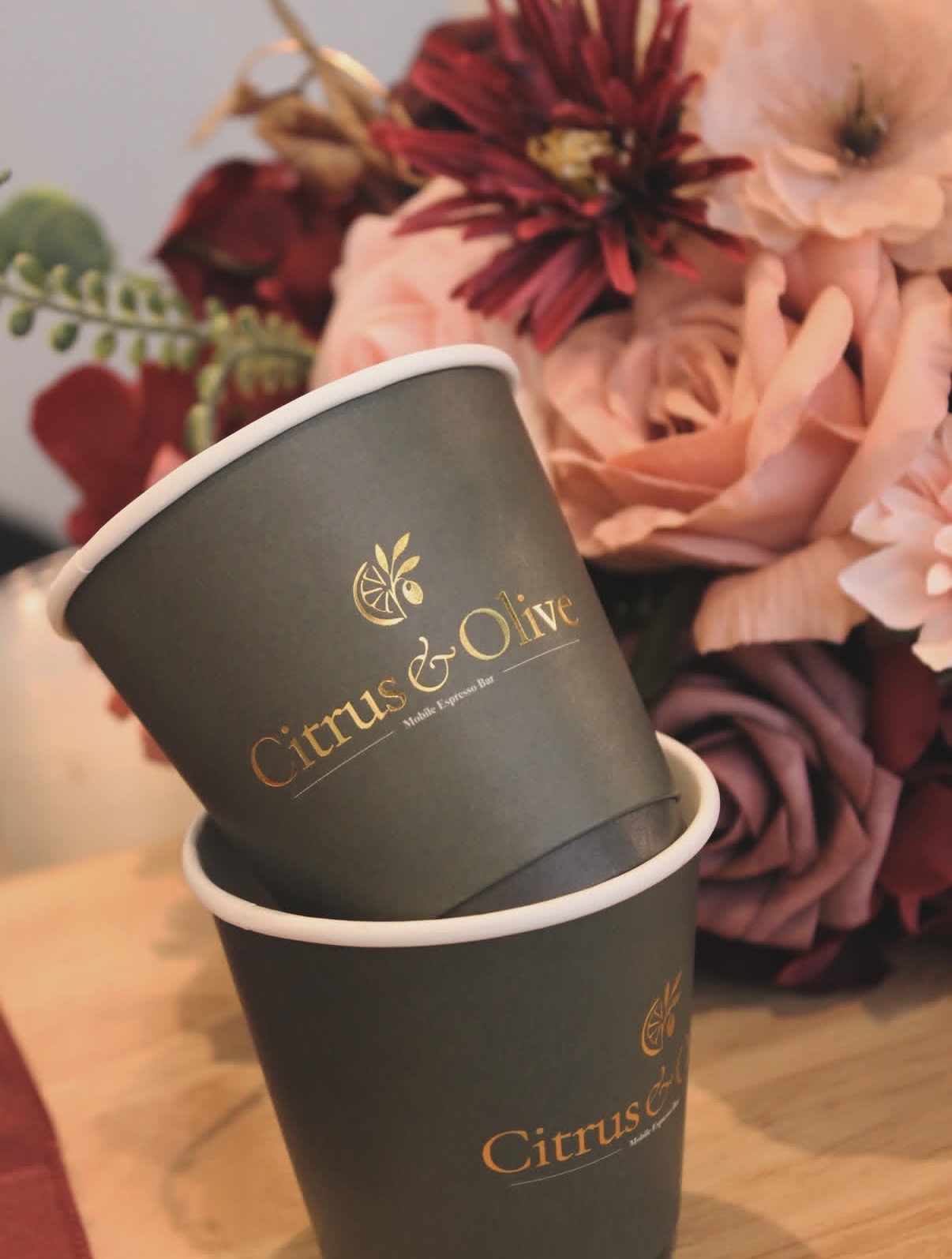 Citrus & Olive branded cups at a luxury mobile espresso cart