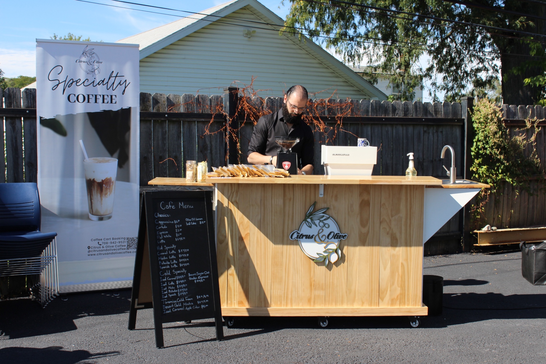 Full Citrus & Olive espresso cart setup, branded and professional