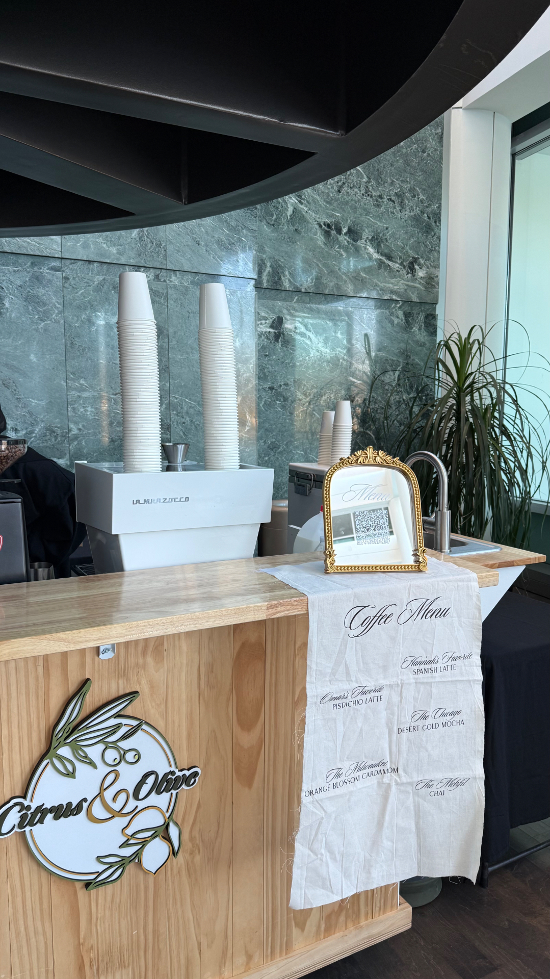 Citrus & Olive mobile espresso cart with La Marzocco at a Chicago wedding